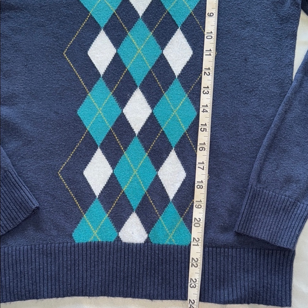 Navy Preppy Argyle Sweater Cotton Wool Angora Blend Ribbed Trim Academia Chic - Picture 6 of 10